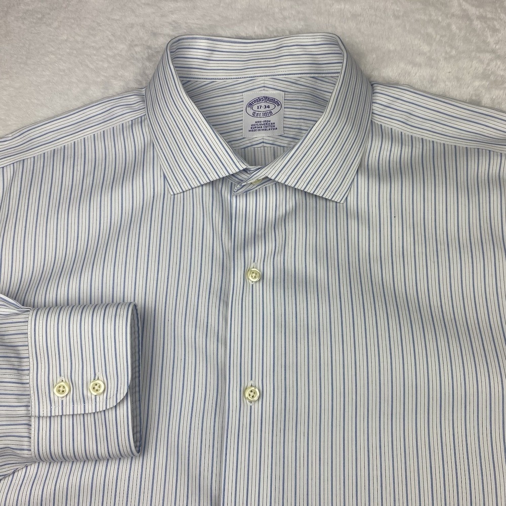 Brooks Brothers Dress Shirt Mens 17-34 White w/Blue Stripes Purple Label No Iron